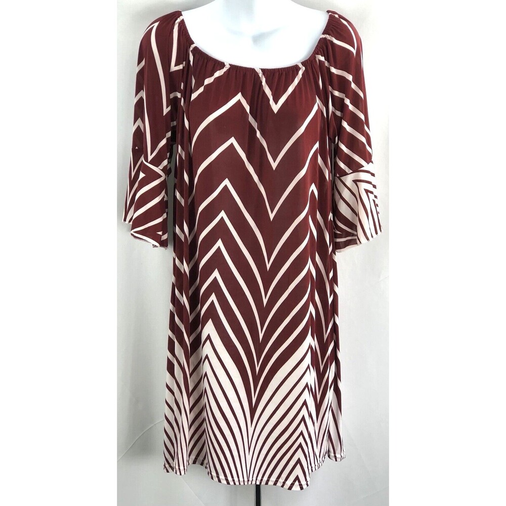 NWT Ace Fashions Silky Shift Dress L Brown Wht Geo 1/2 Flutter Sleeve KneeLength